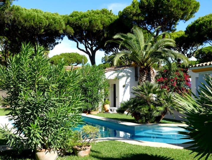 Vista a la piscina con casa de la piscina - Villa Alondra